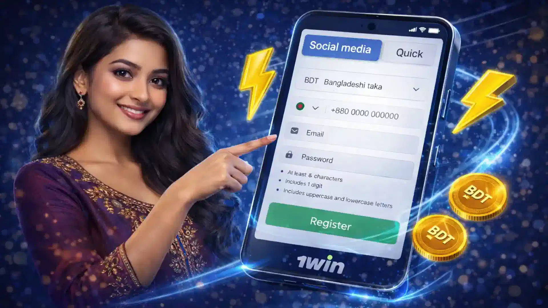 1win registration quick one-click method in Bangladesh with BDT